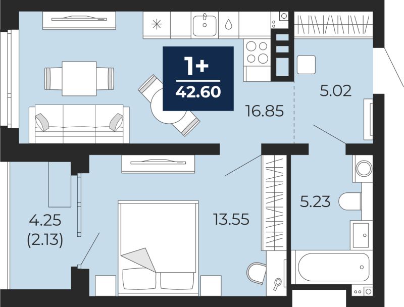 Планировка 1-комн. квартира, 42.6 м² — ЖК «Прео»