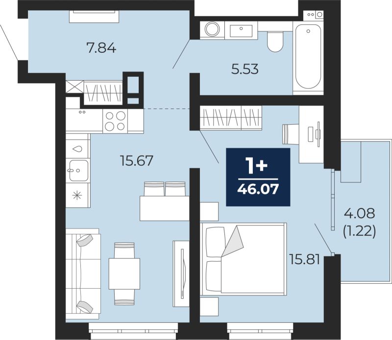 Планировка 1-комн. квартира, 46.1 м² — ЖК «Прео»