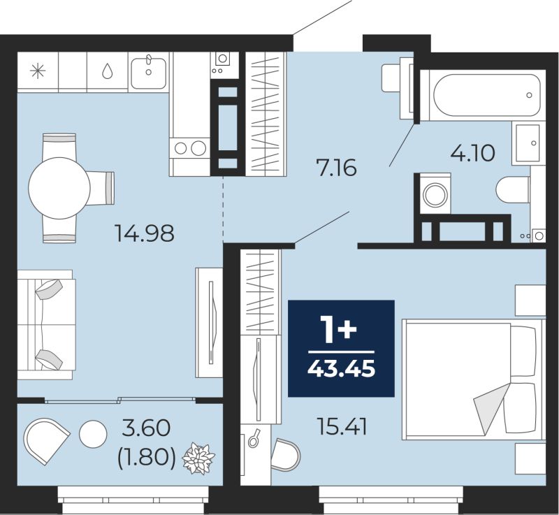 Планировка 1-комн. квартира, 43.5 м² — ЖК «Прео»