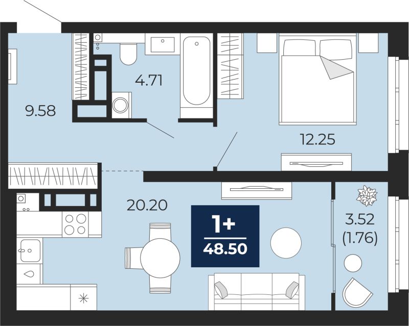 Планировка 1-комн. квартира, 48.5 м² — ЖК «Прео»