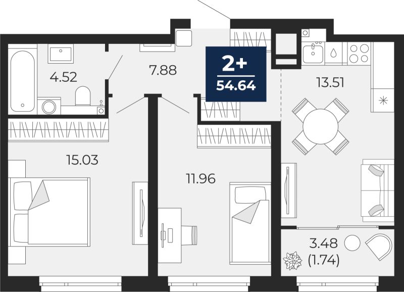 Планировка 2-комн. квартира, 54.6 м² — ЖК «Прео»