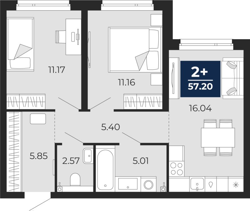 Планировка 2-комн. квартира, 57.2 м² — ЖК «Прео»