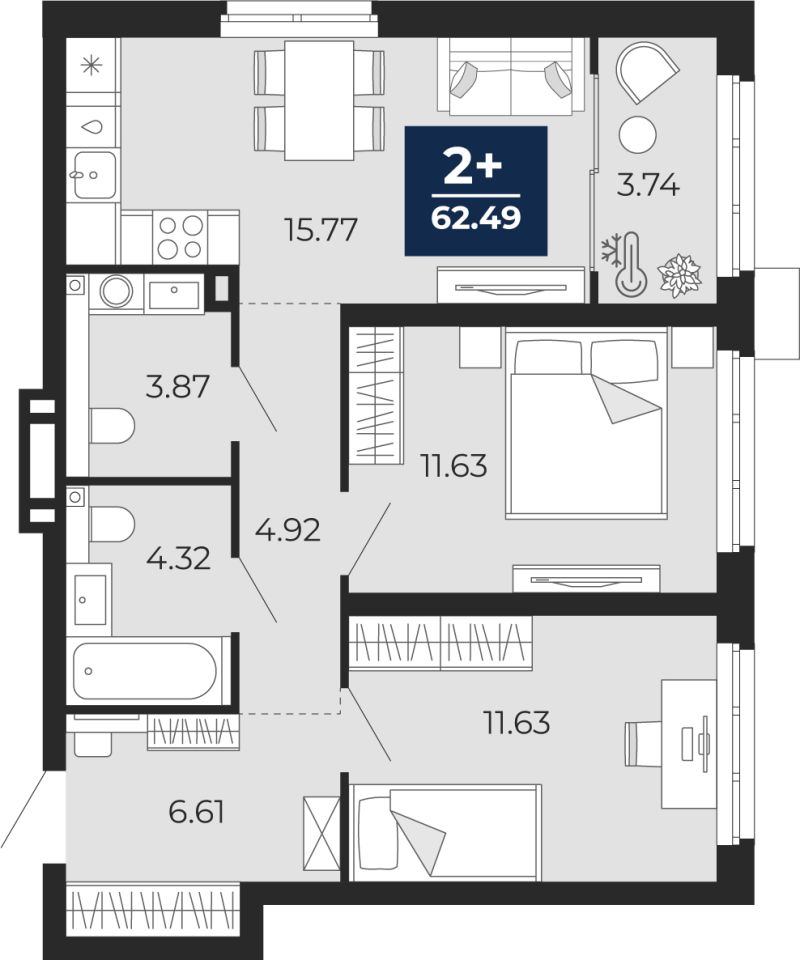 Планировка 2-комн. квартира, 60.6 м² — ЖК «Прео»