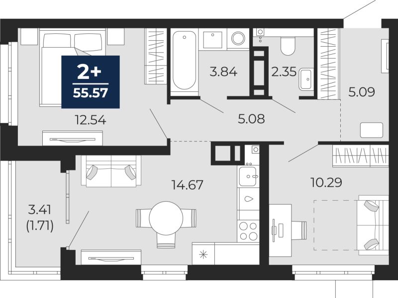 Планировка 2-комн. квартира, 55.6 м² — ЖК «Прео»