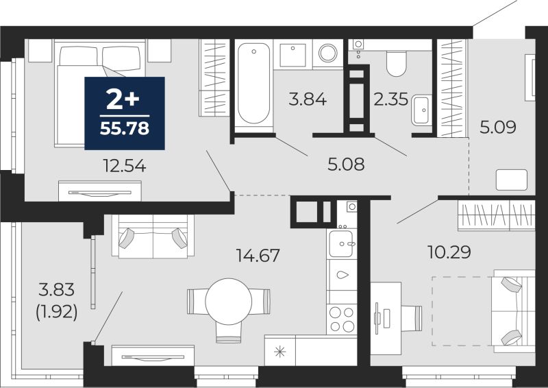 Планировка 2-комн. квартира, 55.8 м² — ЖК «Прео»