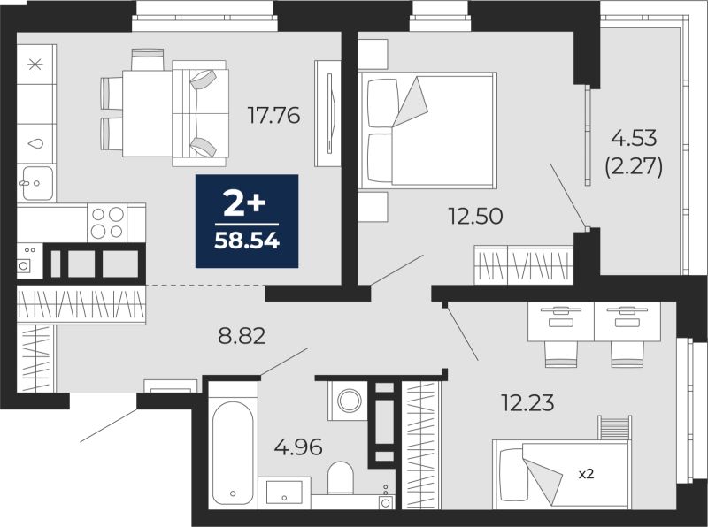 Планировка 2-комн. квартира, 58.5 м² — ЖК «Прео»