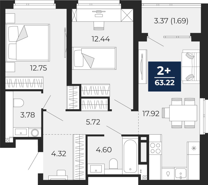 Планировка 2-комн. квартира, 63.2 м² — ЖК «Прео»