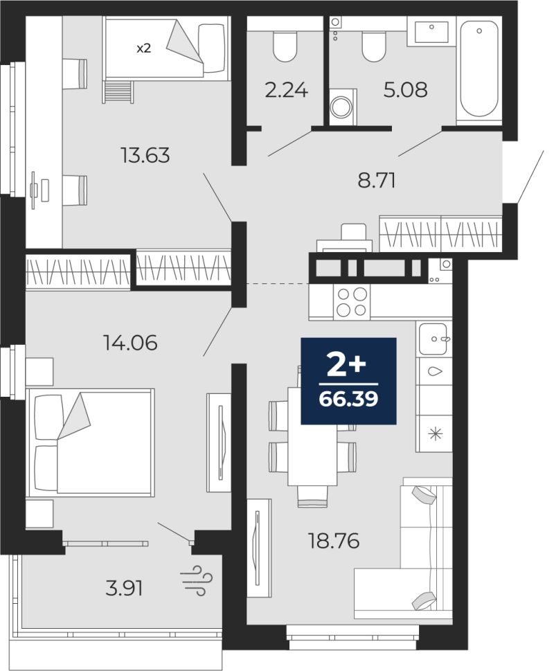 Планировка 2-комн. квартира, 63.6 м² — ЖК «Прео»