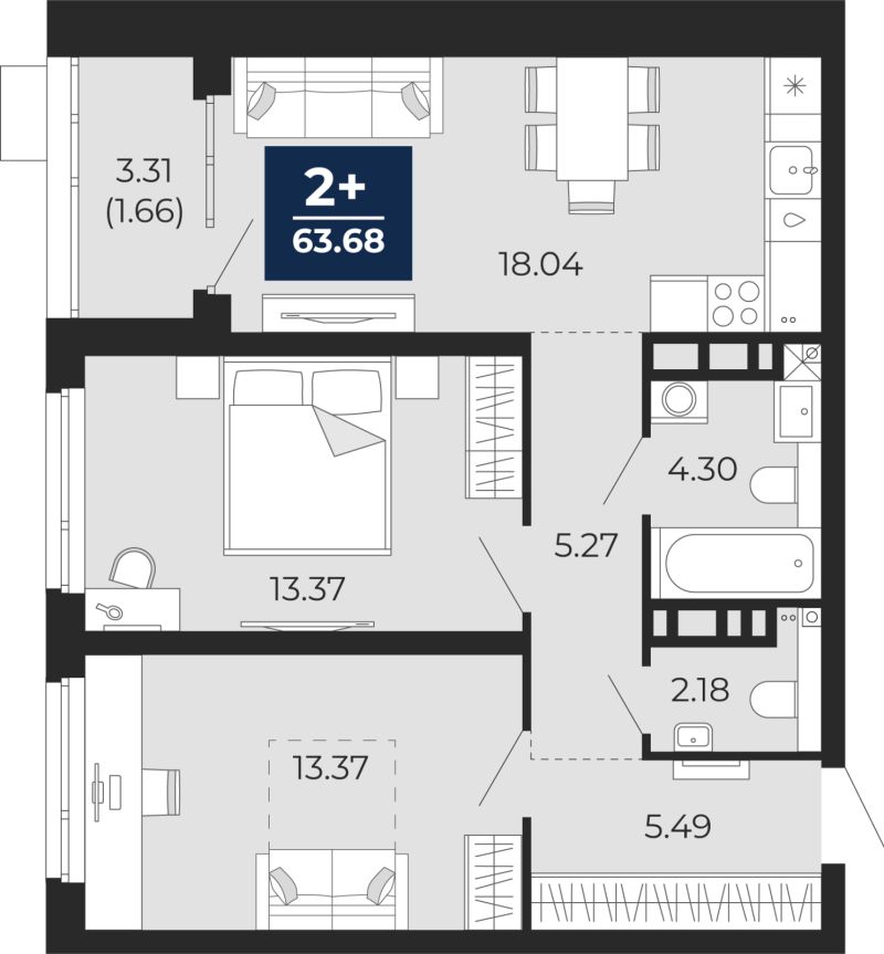 Планировка 2-комн. квартира, 63.7 м² — ЖК «Прео»