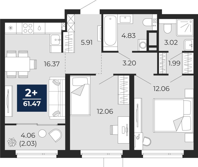 Планировка 2-комн. квартира, 61.5 м² — ЖК «Прео»