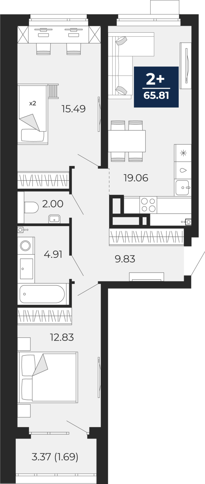 Планировка 2-комн. квартира, 65.8 м² — ЖК «Прео»