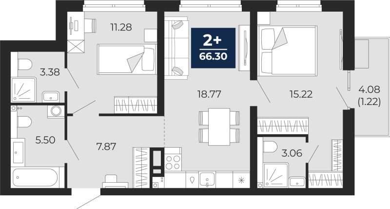 Планировка 2-комн. квартира, 66.3 м² — ЖК «Прео»