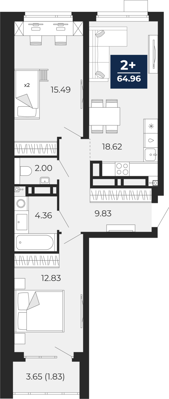 Планировка 2-комн. квартира, 65 м² — ЖК «Прео»
