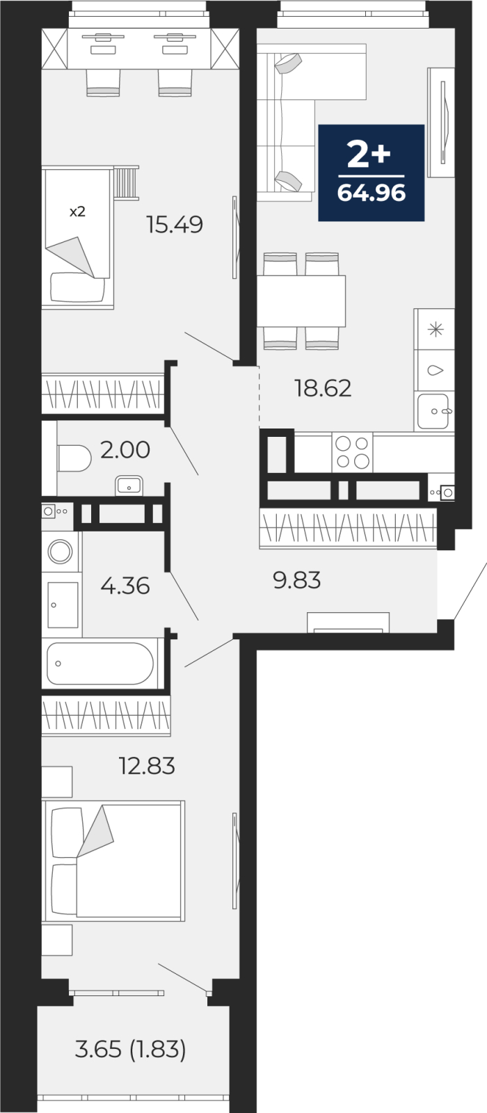 Планировка 2-комн. квартира, 64.8 м² — ЖК «Прео»