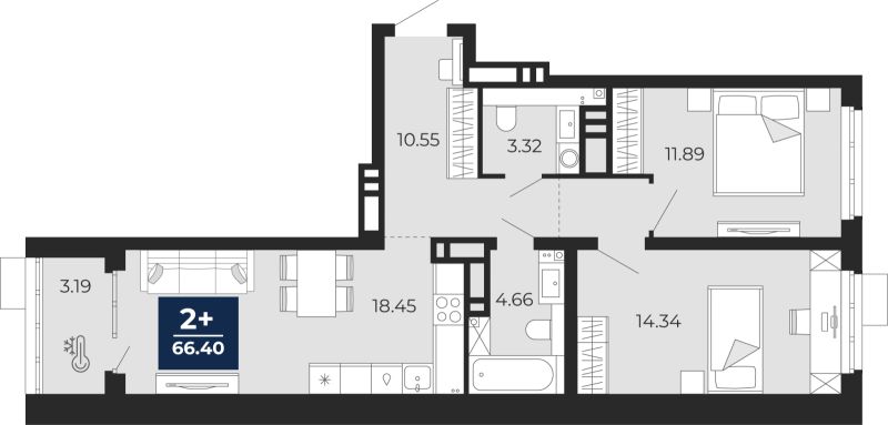 Планировка 2-комн. квартира, 64.8 м² — ЖК «Прео»