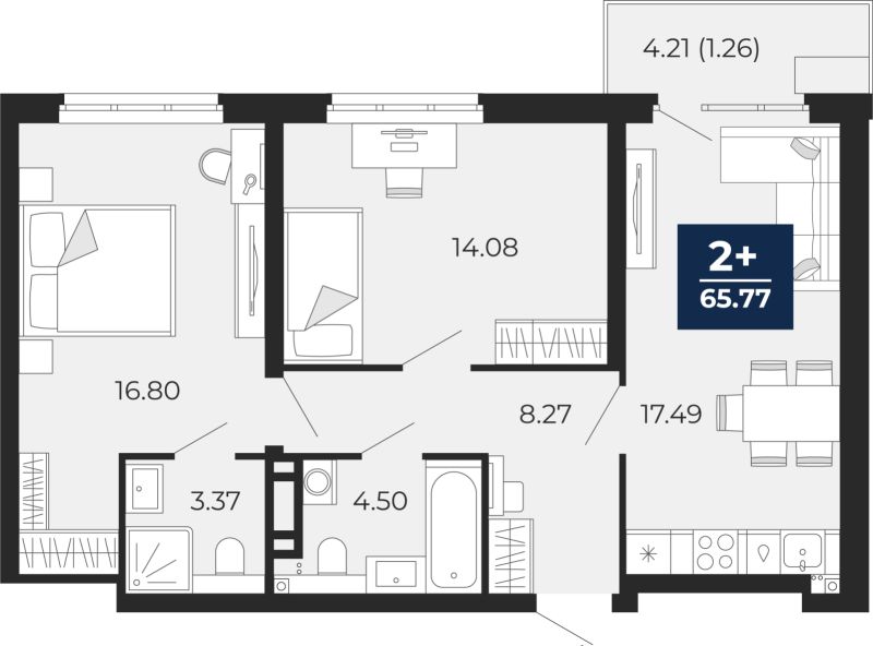 Планировка 2-комн. квартира, 65.8 м² — ЖК «Прео»