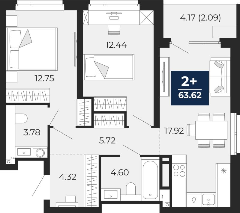 Планировка 2-комн. квартира, 63.6 м² — ЖК «Прео»