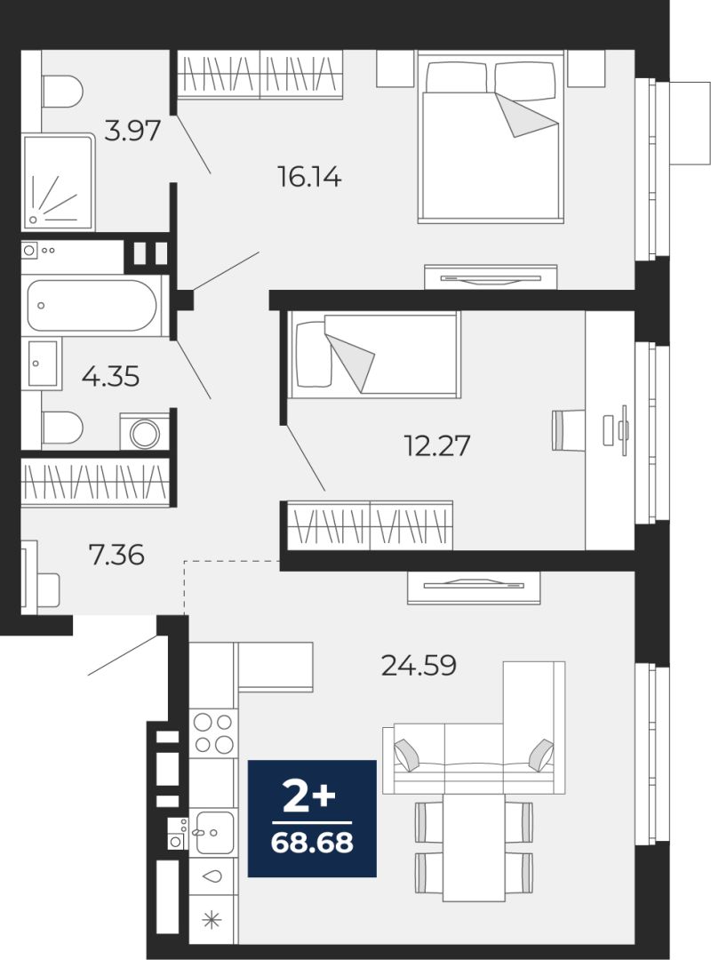 Планировка 2-комн. квартира, 68.7 м² — ЖК «Прео»