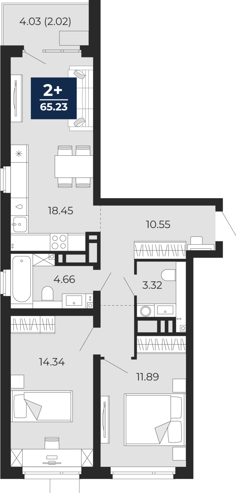 Планировка 2-комн. квартира, 65.2 м² — ЖК «Прео»