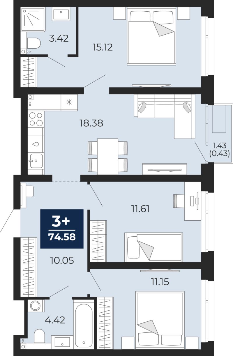 Планировка 3-комн. квартира, 74.6 м² — ЖК «Прео»