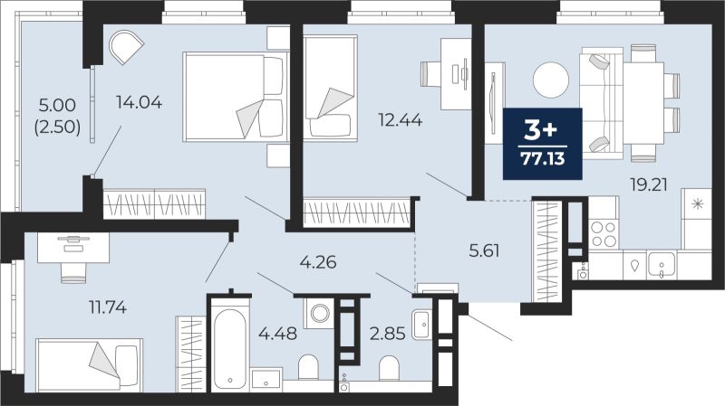 Планировка 3-комн. квартира, 77.1 м² — ЖК «Прео»