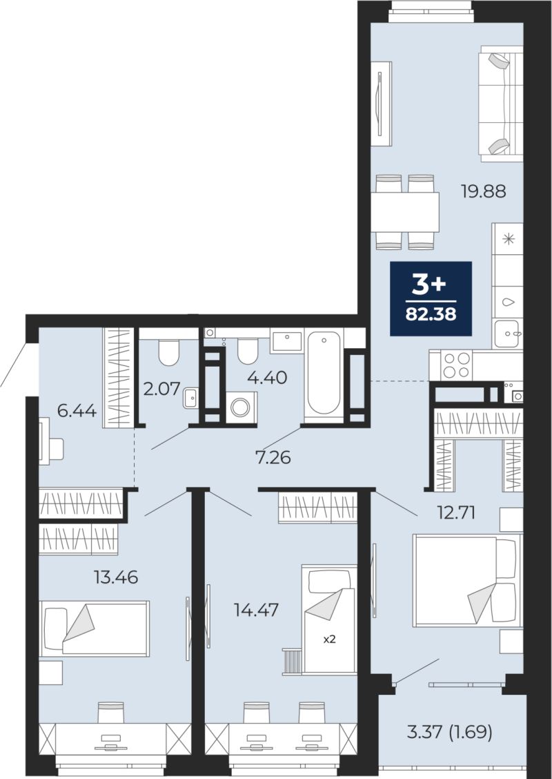 Планировка 3-комн. квартира, 82.4 м² — ЖК «Прео»