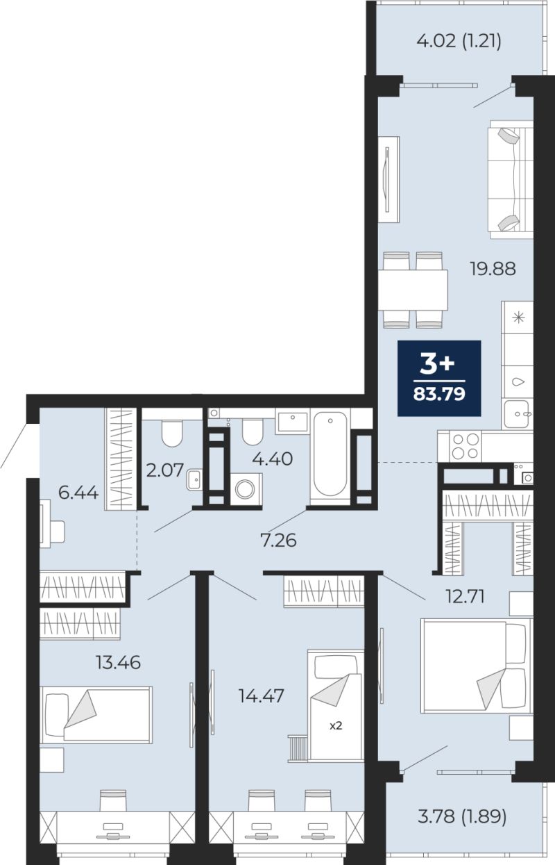 Планировка 3-комн. квартира, 83.8 м² — ЖК «Прео»