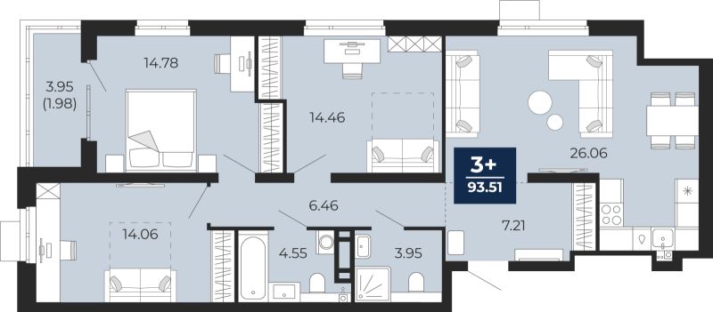 Планировка 3-комн. квартира, 93.5 м² — ЖК «Прео»