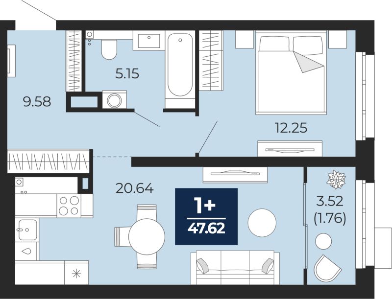 Планировка 1-комн. квартира, 49.4 м² — ЖК «Прео»