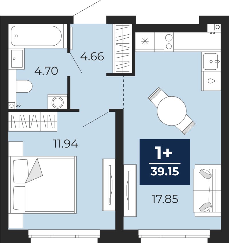Планировка 1-комн. квартира, 39.1 м² — ЖК «Прео»