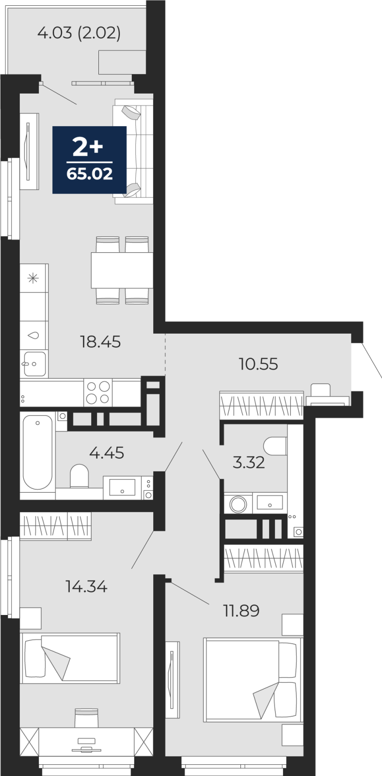 Планировка 2-комн. квартира, 65 м² — ЖК «Прео»