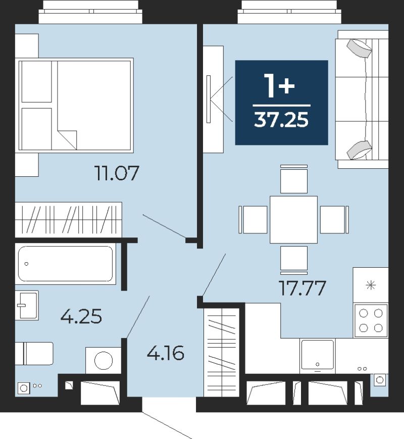 Планировка 1-комн. квартира, 37.2 м² — ЖК «Прео»