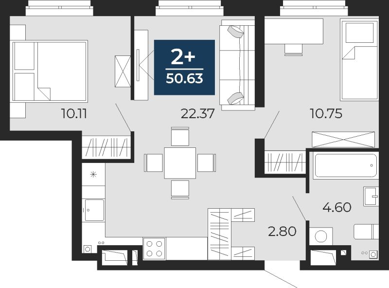 Планировка 2-комн. квартира, 50.6 м² — ЖК «Прео»