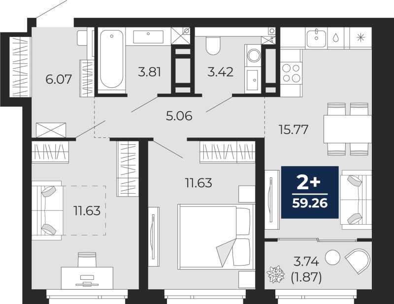 Планировка 2-комн. квартира, 57.4 м² — ЖК «Прео»