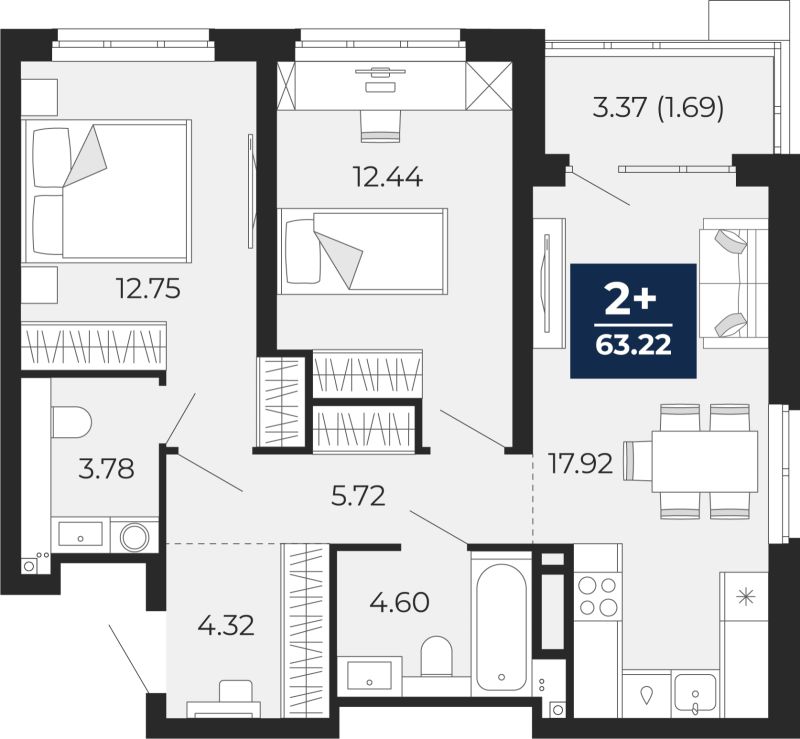 Планировка 2-комн. квартира, 61.5 м² — ЖК «Прео»