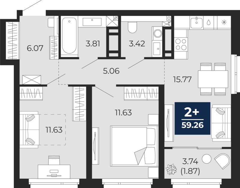 Планировка 2-комн. квартира, 57.4 м² — ЖК «Прео»