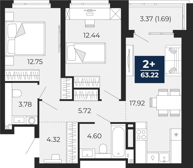 Планировка 2-комн. квартира, 61.5 м² — ЖК «Прео»