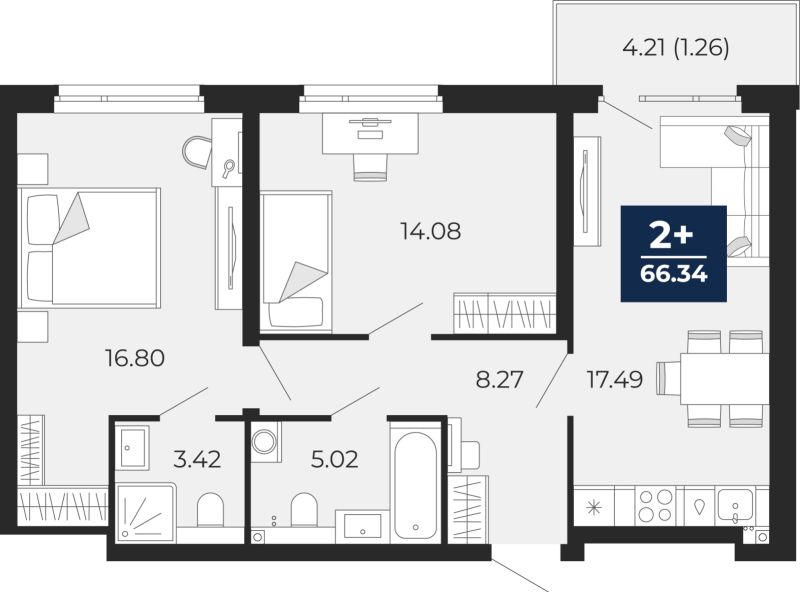 Планировка 2-комн. квартира, 65.1 м² — ЖК «Прео»
