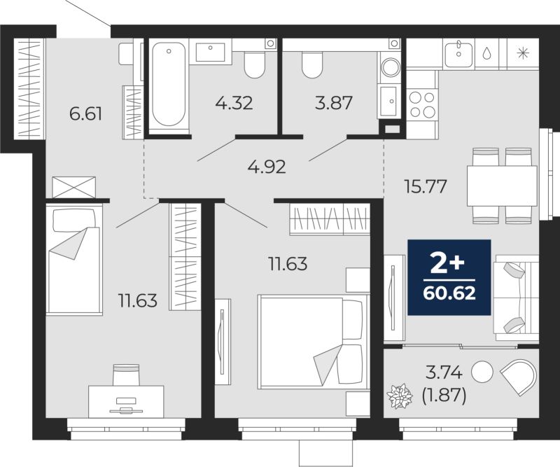 Планировка 2-комн. квартира, 58.8 м² — ЖК «Прео»
