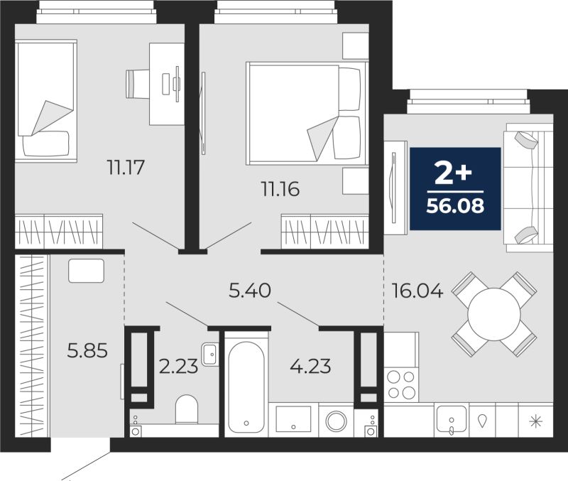 Планировка 2-комн. квартира, 56.1 м² — ЖК «Прео»