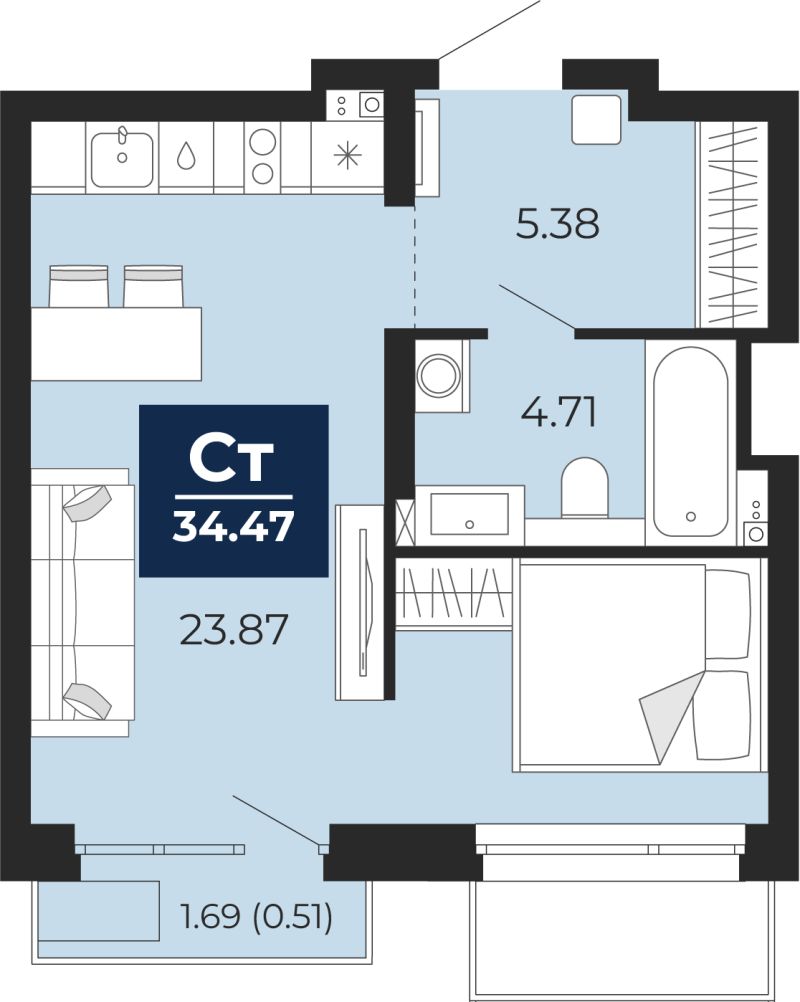 Планировка 1-комн. квартира, 34 м² — ЖК «Прео»