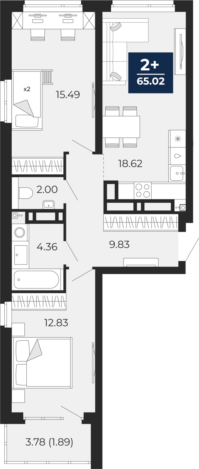 Планировка 2-комн. квартира, 63.1 м² — ЖК «Прео»