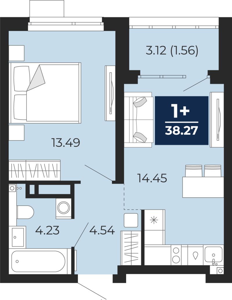 Планировка 1-комн. квартира, 36.7 м² — ЖК «Прео»