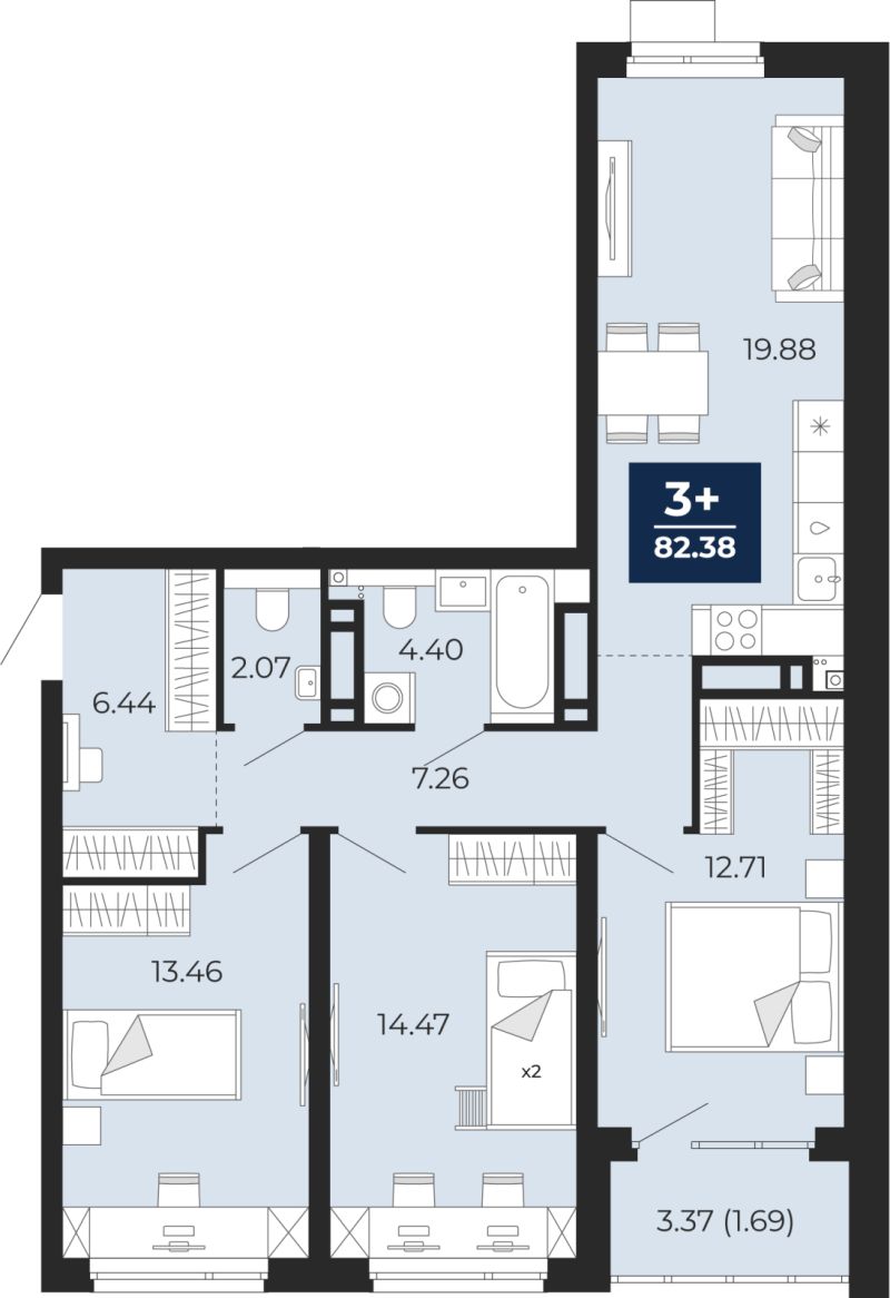 Планировка 3-комн. квартира, 80.7 м² — ЖК «Прео»