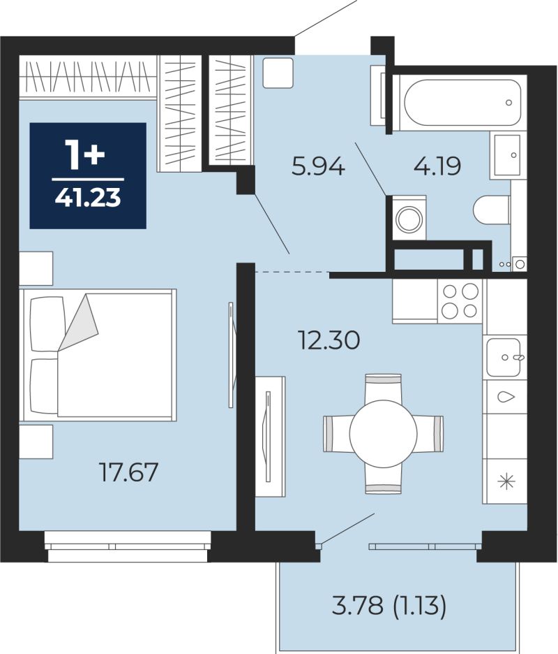 Планировка 1-комн. квартира, 40.1 м² — ЖК «Прео»