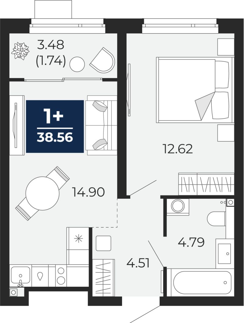 Планировка 1-комн. квартира, 36.8 м² — ЖК «Прео»