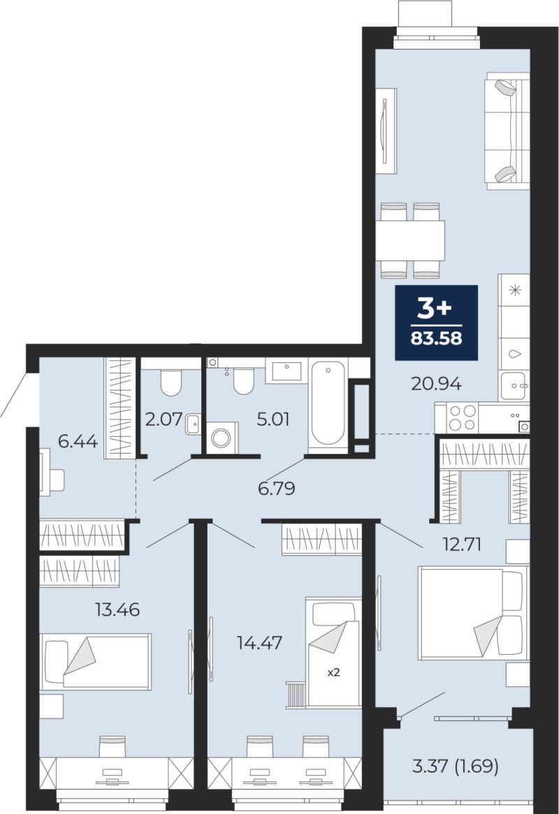 Планировка 3-комн. квартира, 81.9 м² — ЖК «Прео»