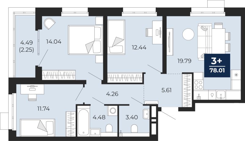 Планировка 3-комн. квартира, 75.8 м² — ЖК «Прео»