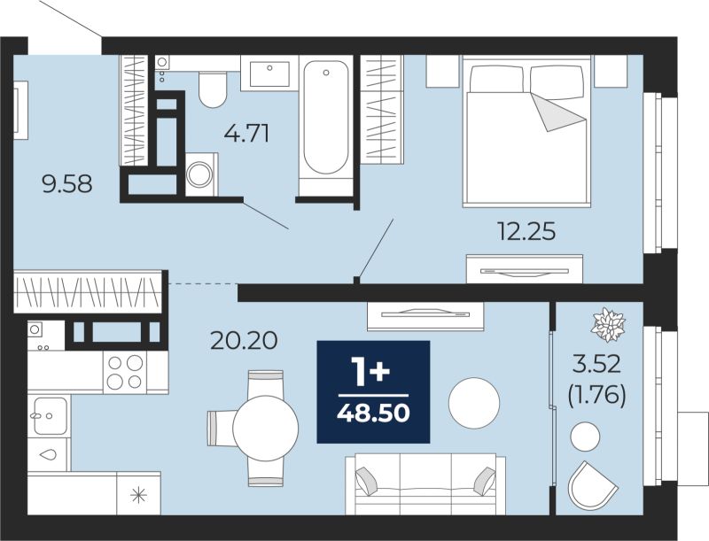 Планировка 1-комн. квартира, 46.7 м² — ЖК «Прео»