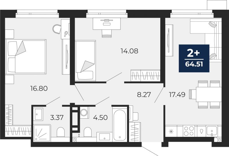 Планировка 2-комн. квартира, 64.5 м² — ЖК «Прео»